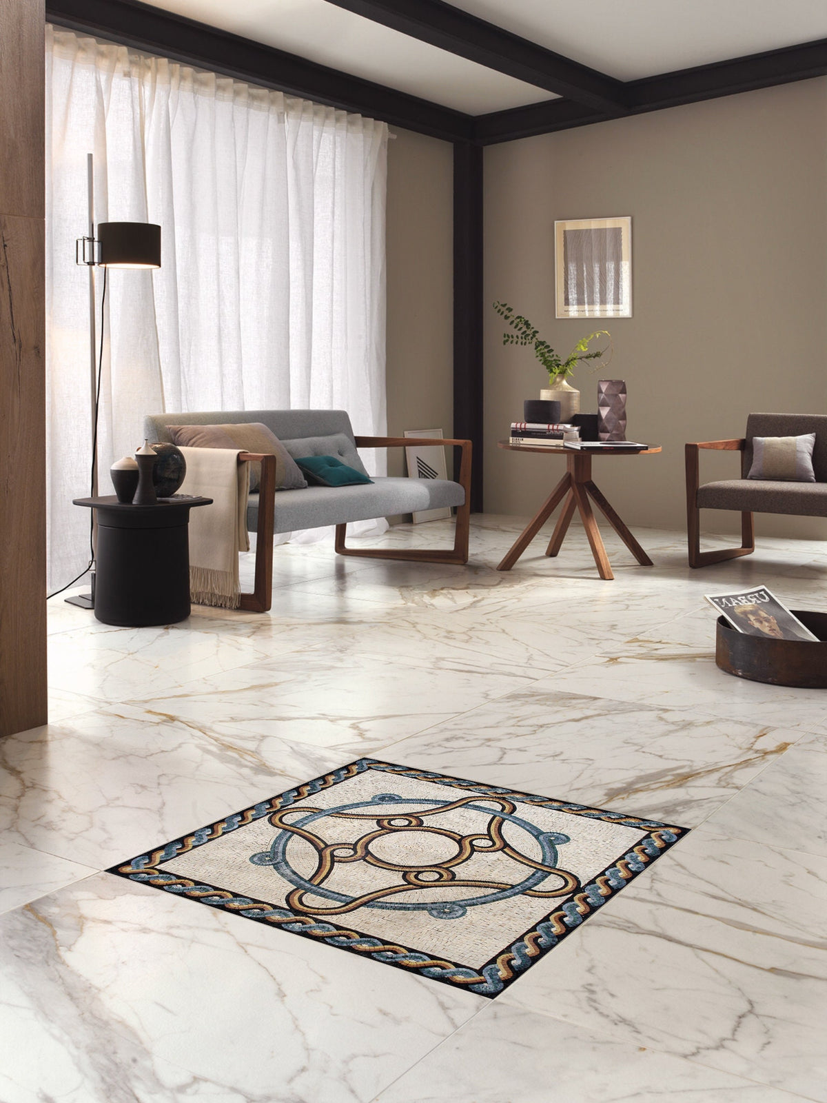48" Square Handmade Marble Mosaic Tile: Geometric Floral Art
