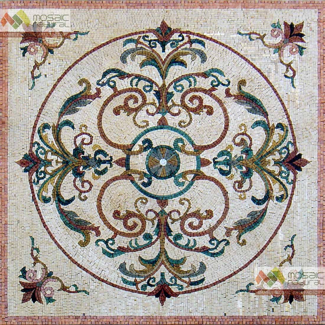 40" Medallion Mosaic Tile: Geometric Floral Marble Floor Art