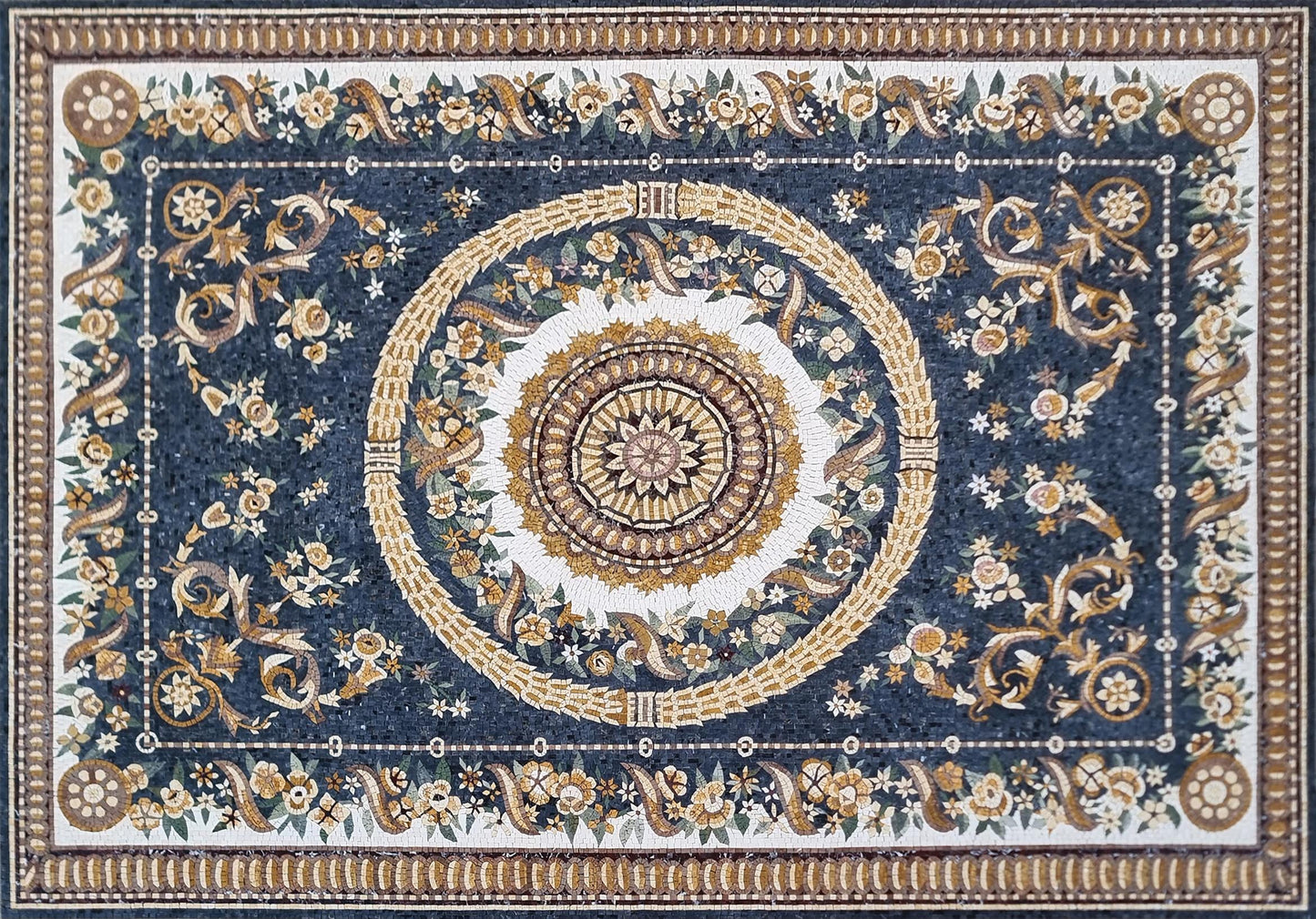 Floral Marble Mosaic Rug: Handmade Geometric Tile Art (80”x 56")
