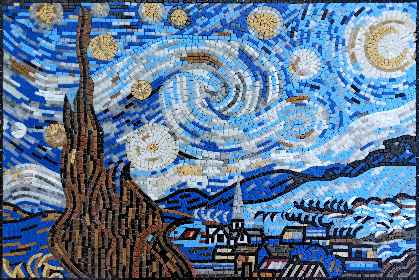 Van Gogh Starry Night Mosaic Art Tile: Handmade Marble Medallion (30” x 20”)