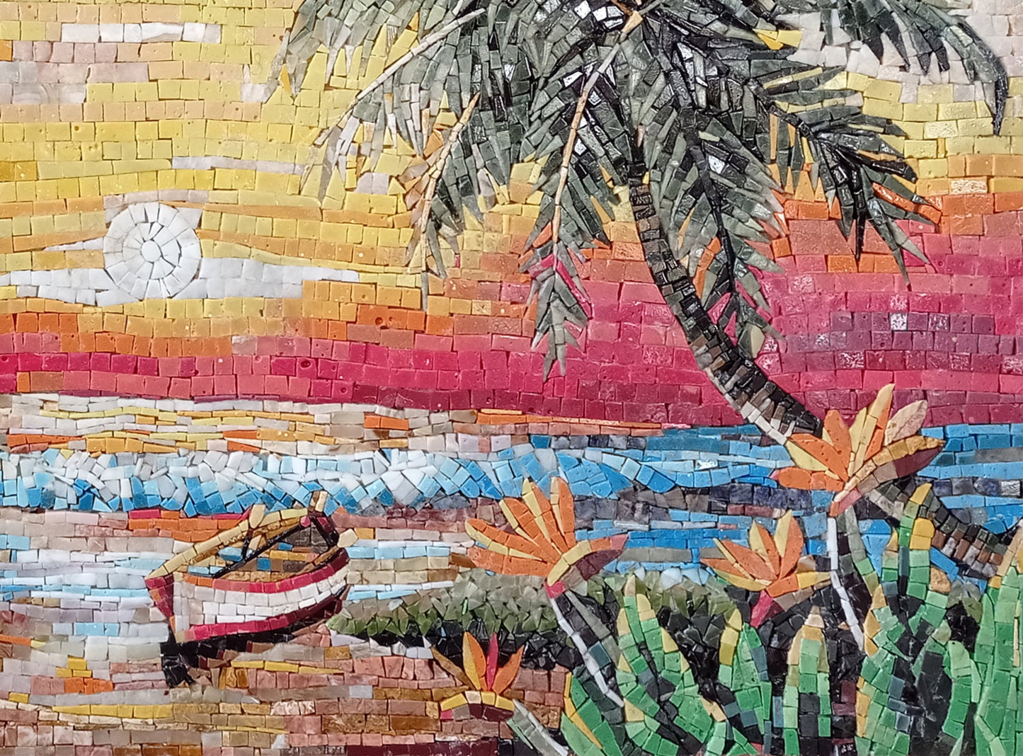 Handmade Sunset Mosaic Tile: Palm Trees & Boat Beach Scene