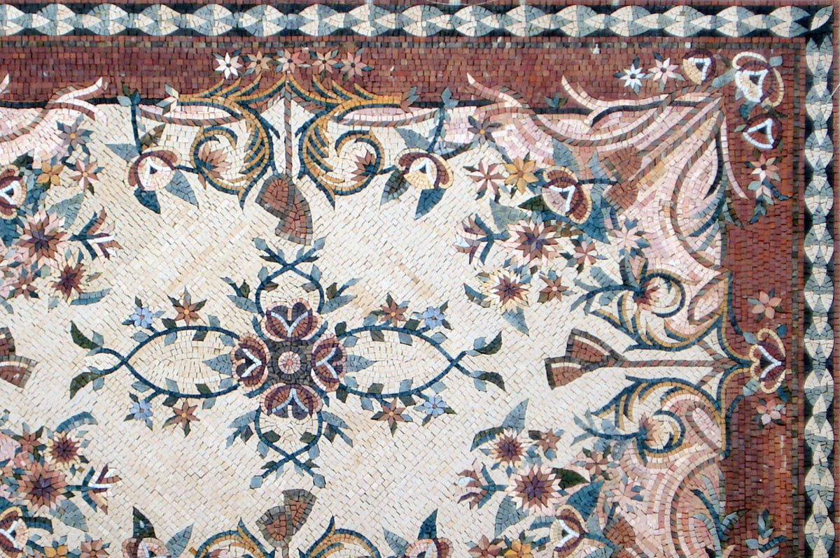 Floral Mosaic Rug: Handmade Marble Stone Art (80” x 54")