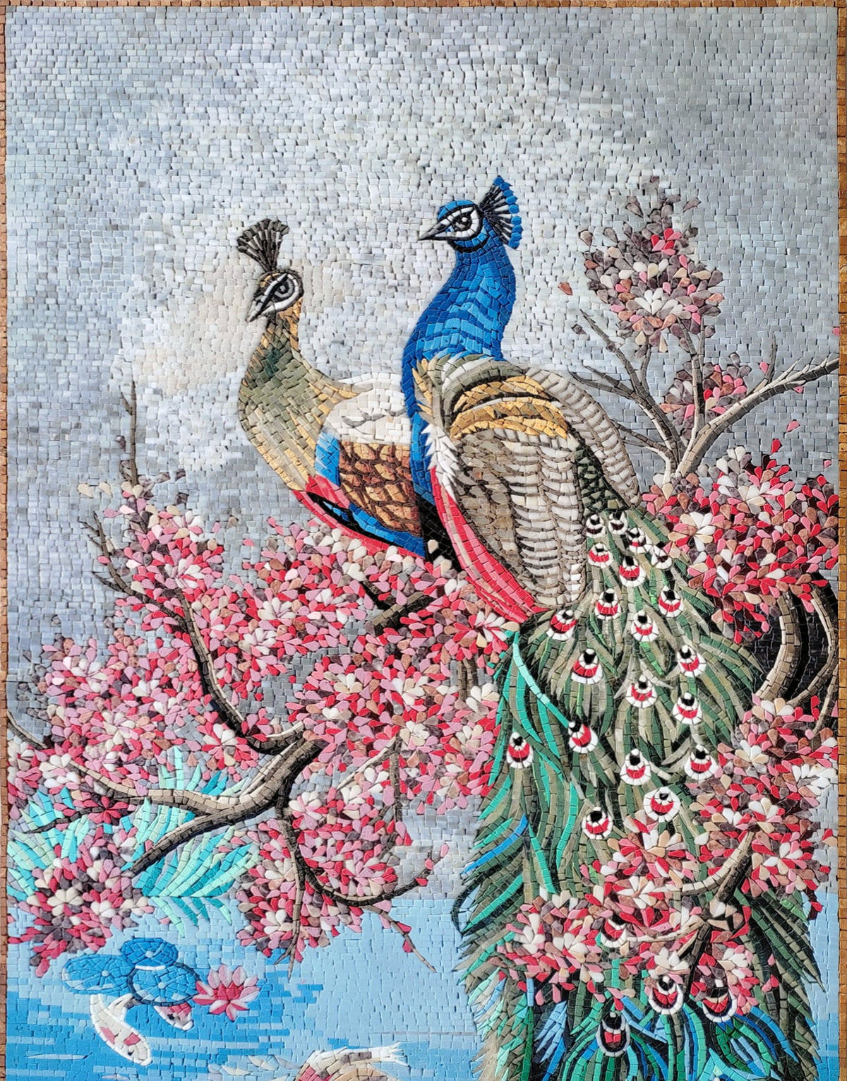 Handmade Peacock Mosaic Tile Art: Cherry Tree & Koi Pond (64” x 32”)