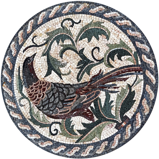 Handmade Pheasant Mosaic Tile Art: Round Bird Medallion (32")