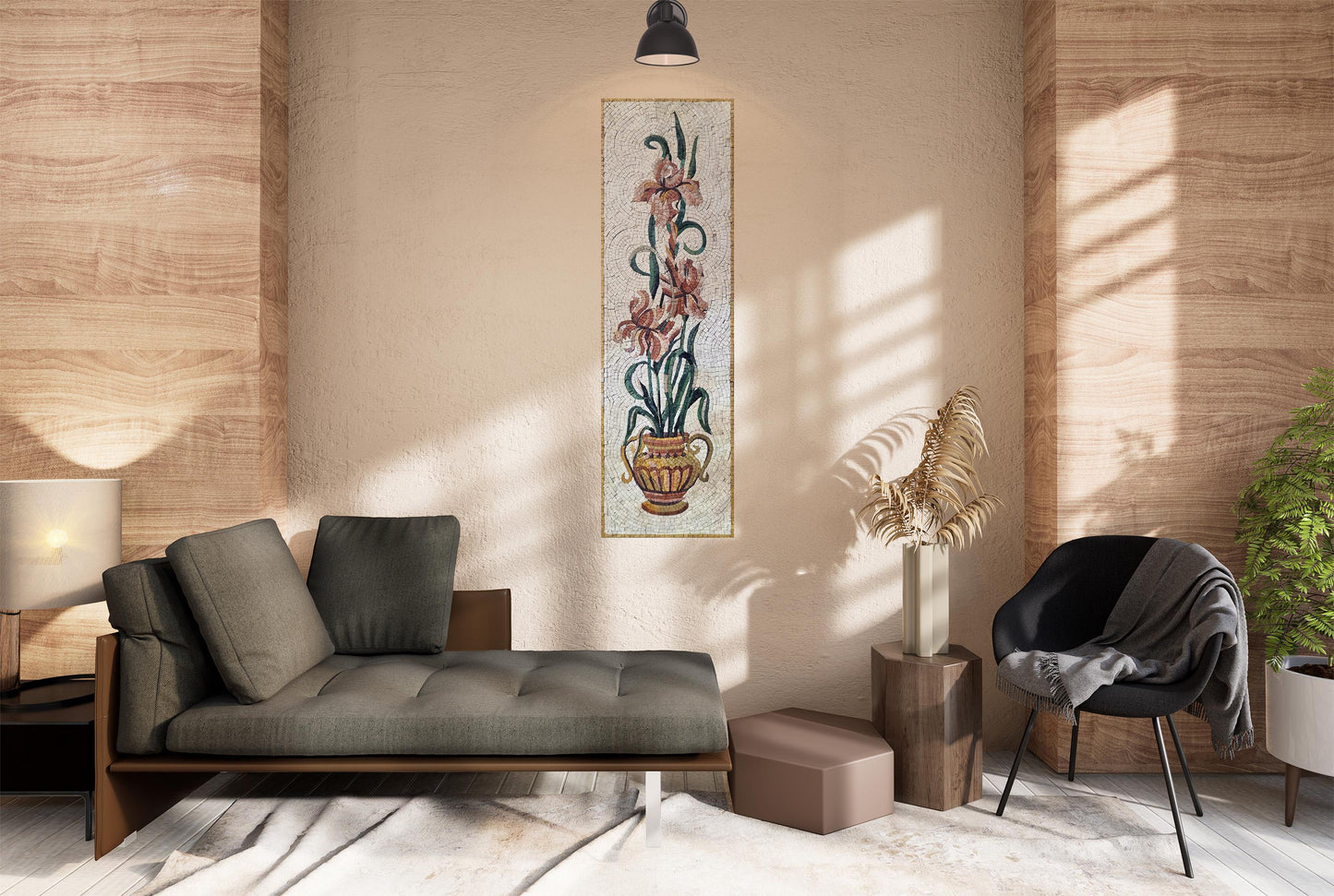 Handmade Marble Tile Art: Floral Mosaic Vase Wall Inlay (52"x16")