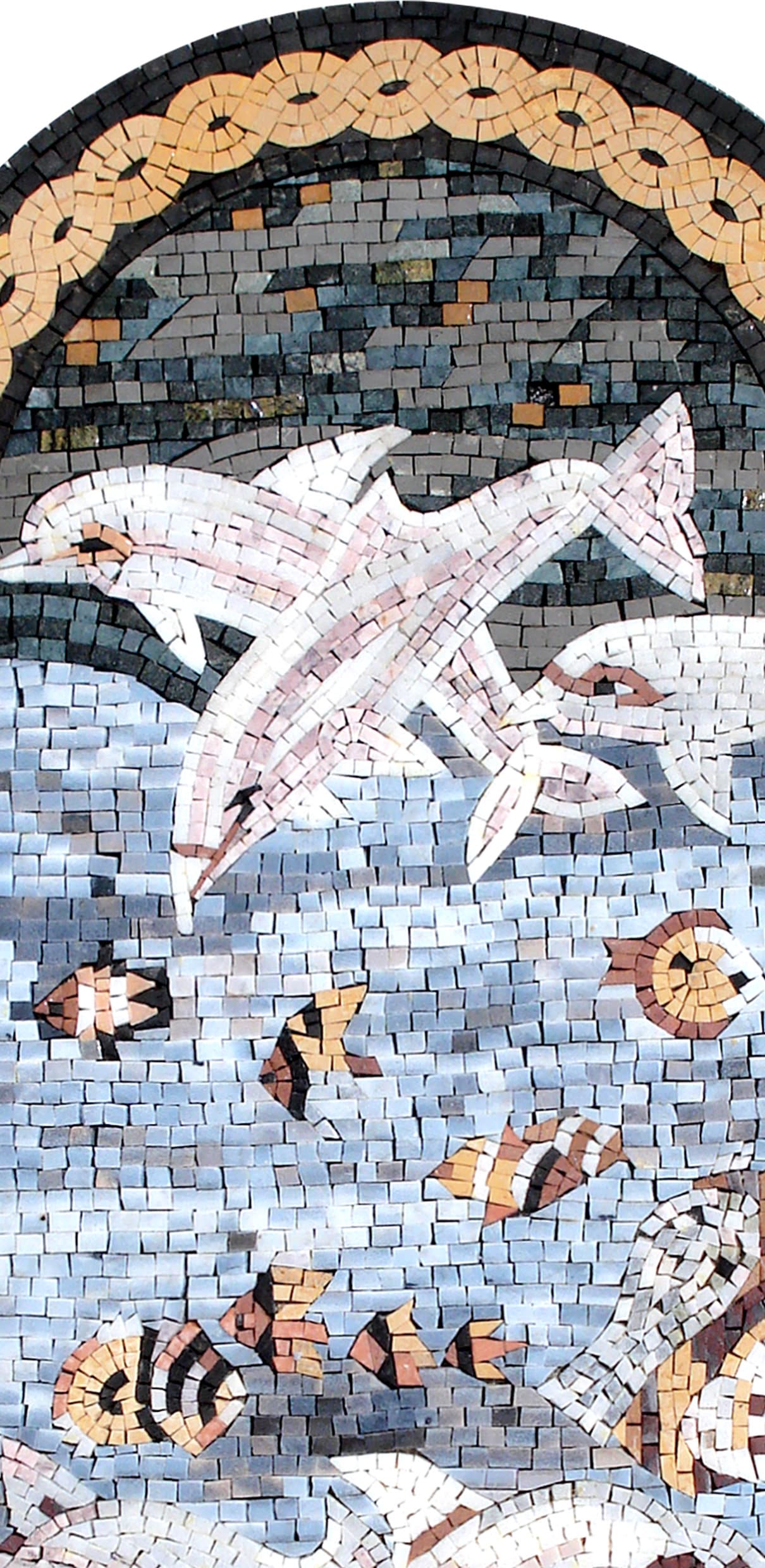 Handmade Dolphin Mosaic Tile Art: Golden Border Fish Backsplash
