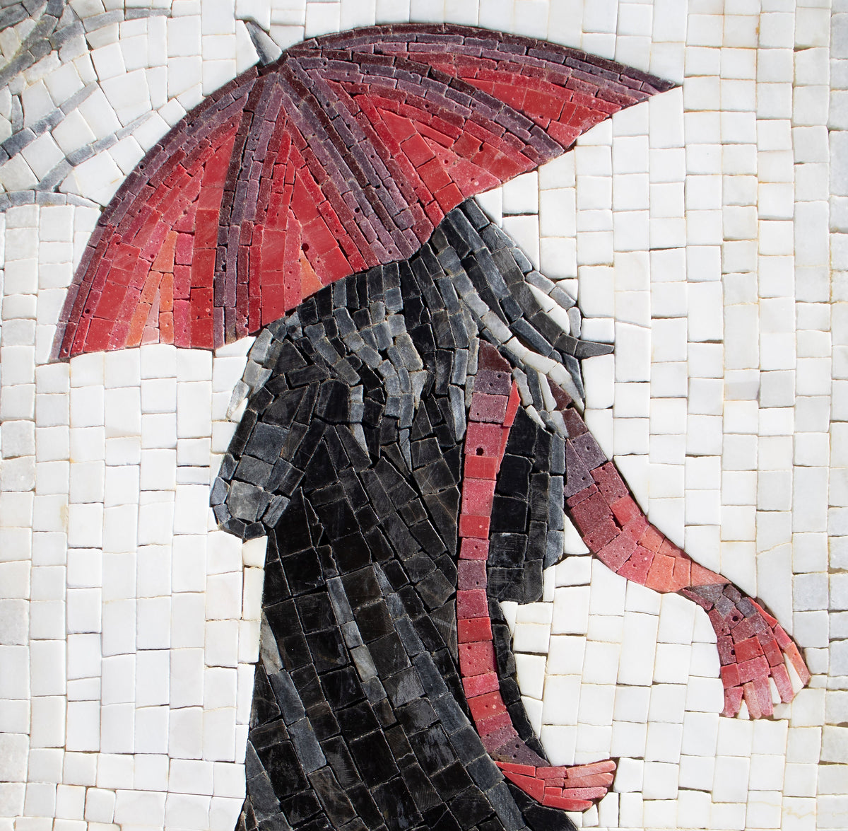 Handmade Marble Mosaic Art: Women in Rain with Red Umbrella (28” x 20”)
