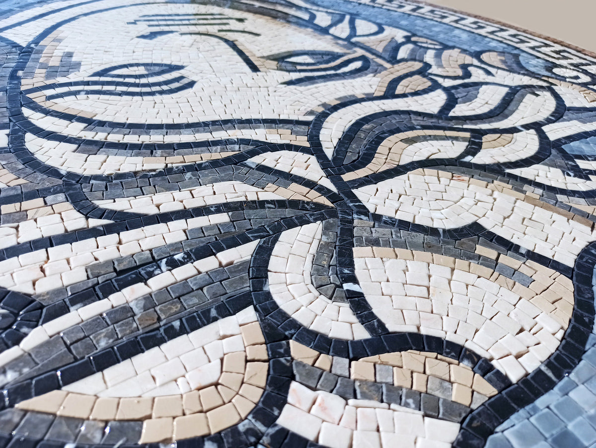 Mythical Marvel - Handmade Multitoned Medusa Head Marble Mosaic Medallion Art Tile - Customization available