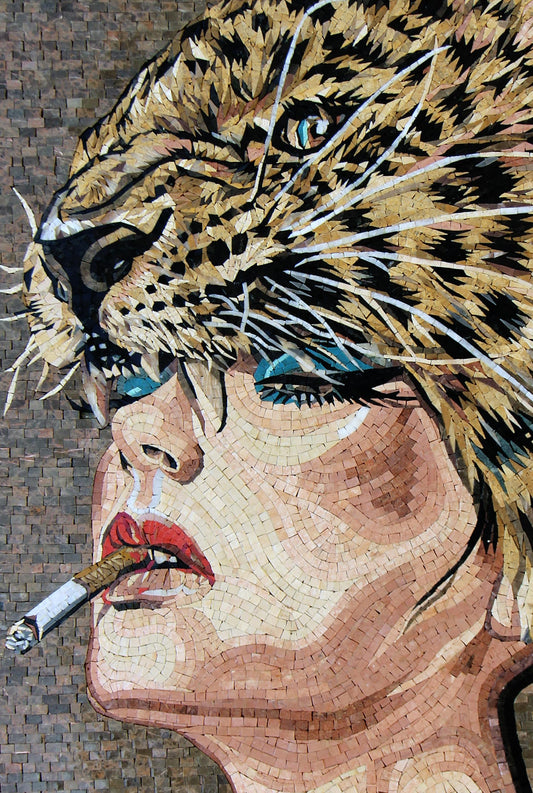 34"x23" Woman Smoking Mosaic Art – Feminine Portrait Artwork, Unique Home Accent, Customization Available