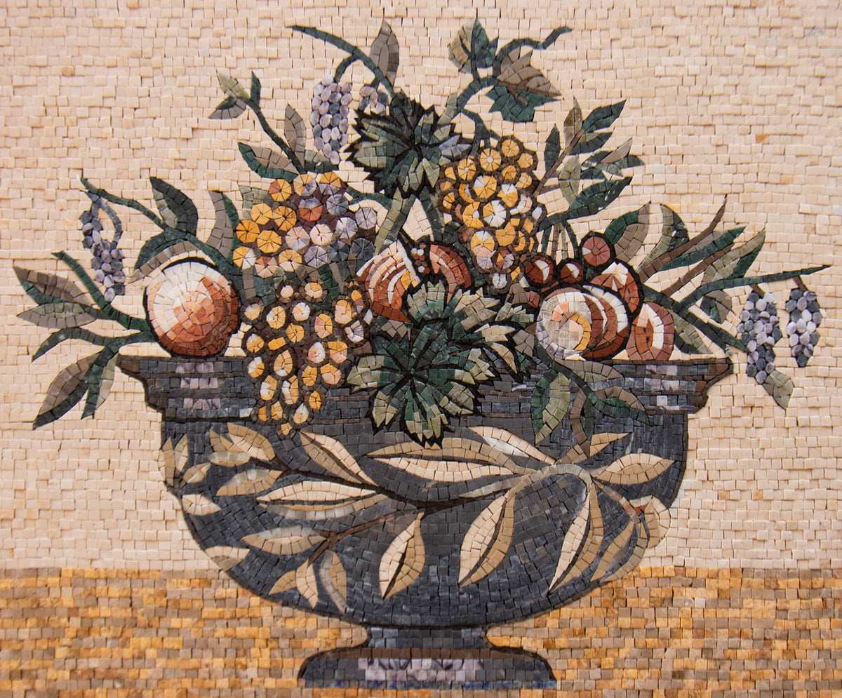Handmade Fruit Bowl Mosaic: Stone Art Kitchen Backsplash (32” x 24”)