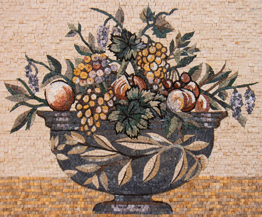 Handmade Fruit Bowl Mosaic: Stone Art Kitchen Backsplash (32” x 24”)