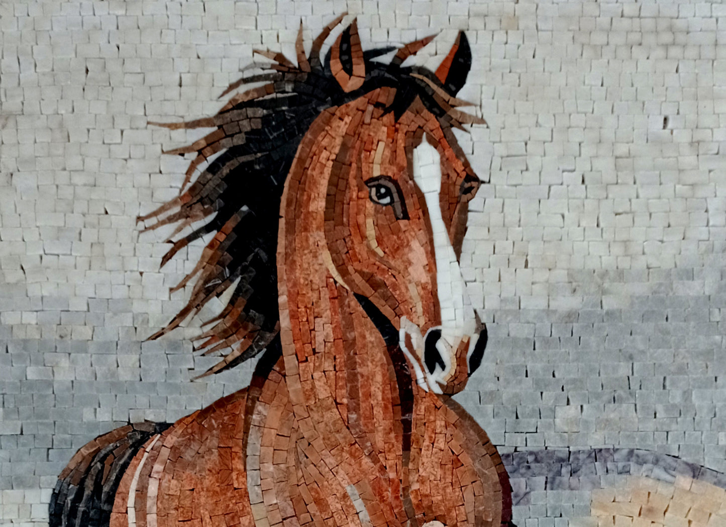 Handmade Horse Mosaic Tile Art: Marble Animal Mural (36" x 28")