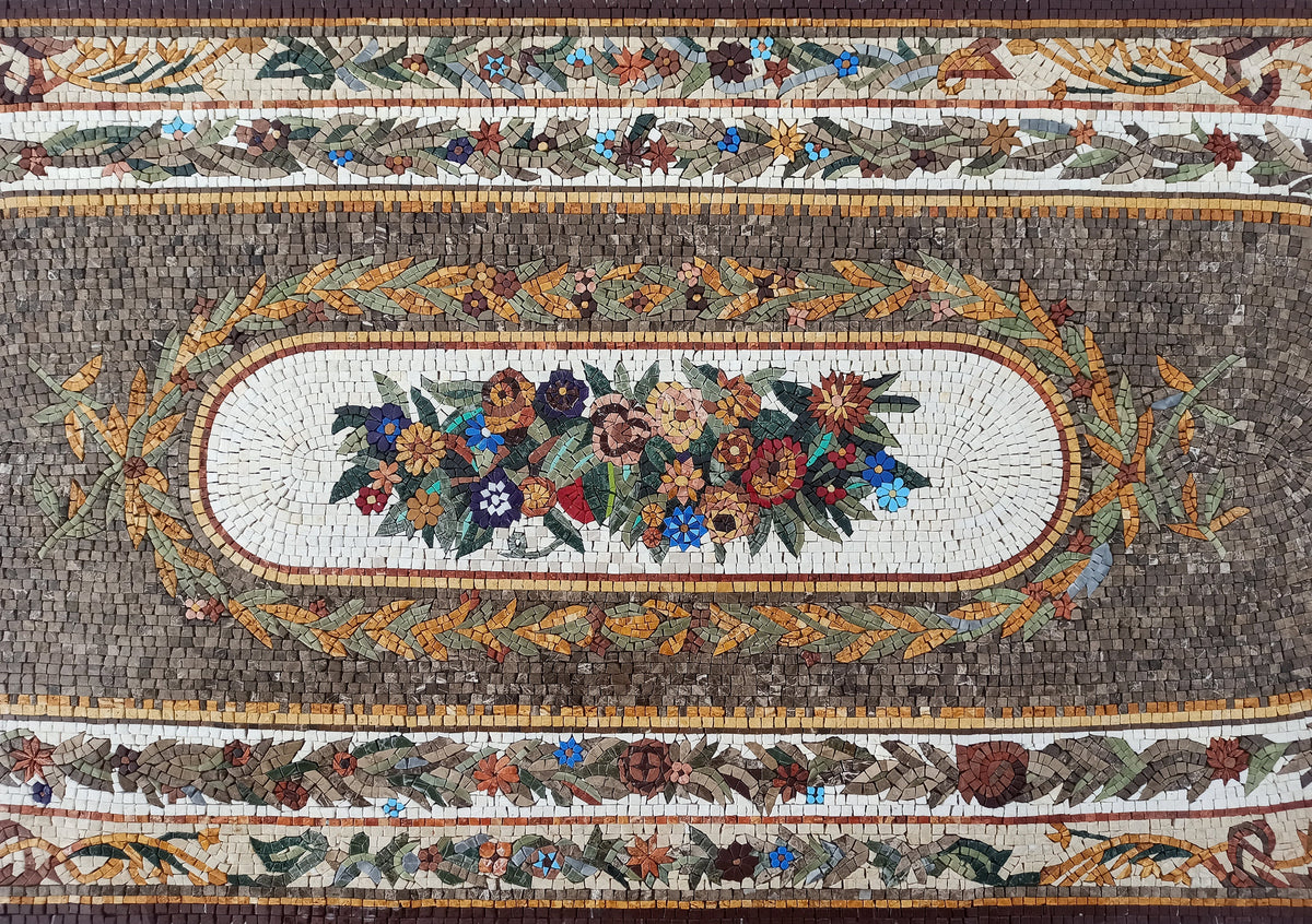 Handmade Marble Stone Mosaic Rug: Floral Art, Large Luxury Rug (108” x 36")