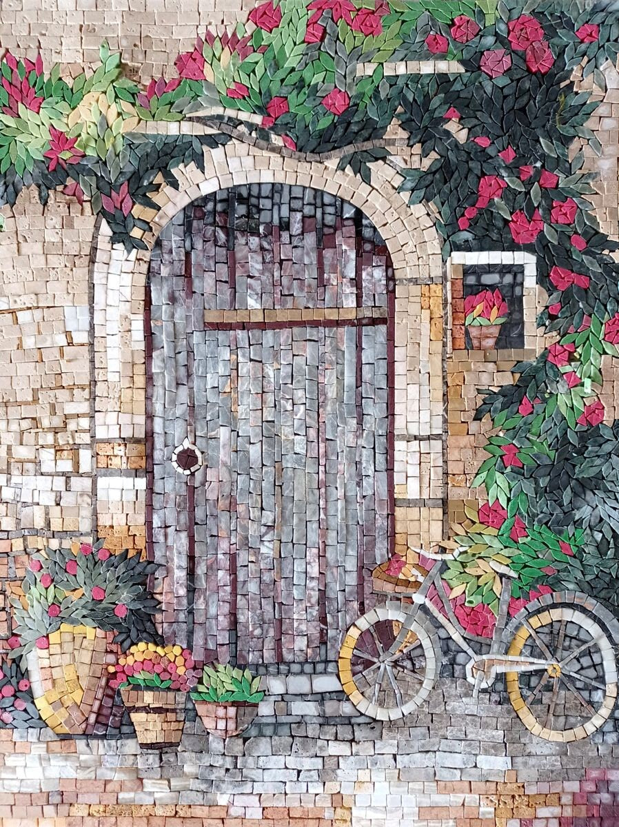Handmade Floral Mosaic Mural: Stone Art for Garden Decor (40” x 30”)