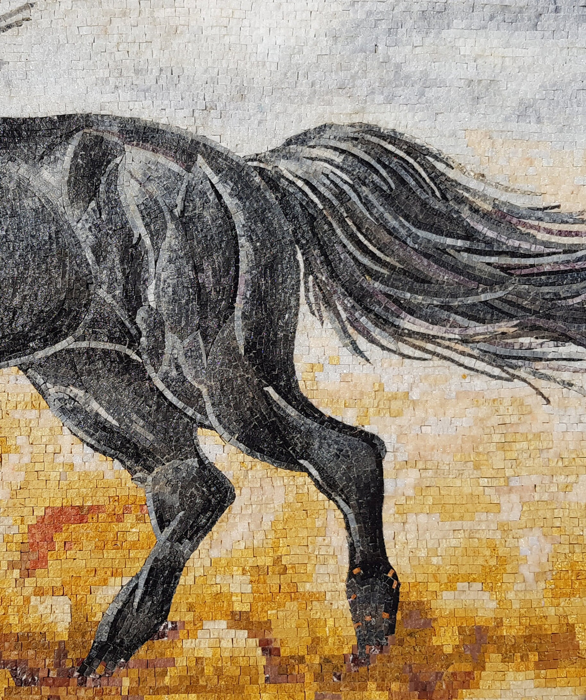 Handmade Marble Mosaic Tile: Black Horse Running Artwork (60” x 40”)