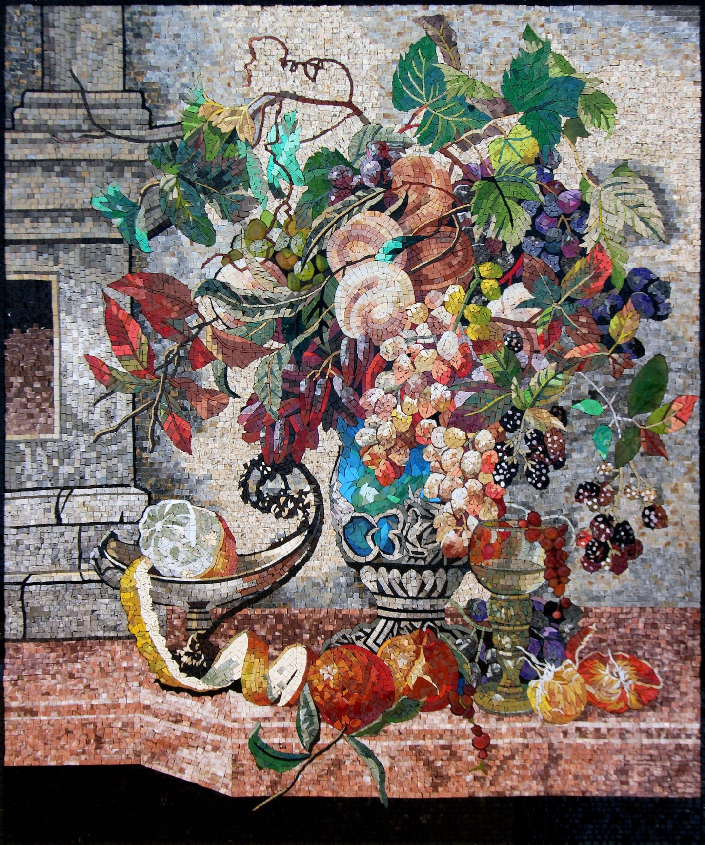 48"x40" Flower and Fruit on Table Mosaic Wall Art – Still Life Scene, Elegant Home Decor, Customization available