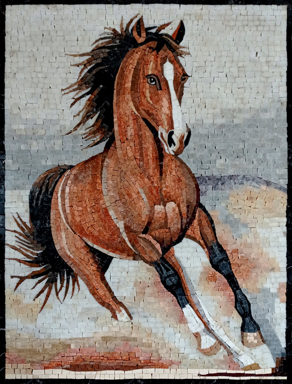 Handmade Horse Mosaic Tile Art: Marble Animal Mural (36" x 28")