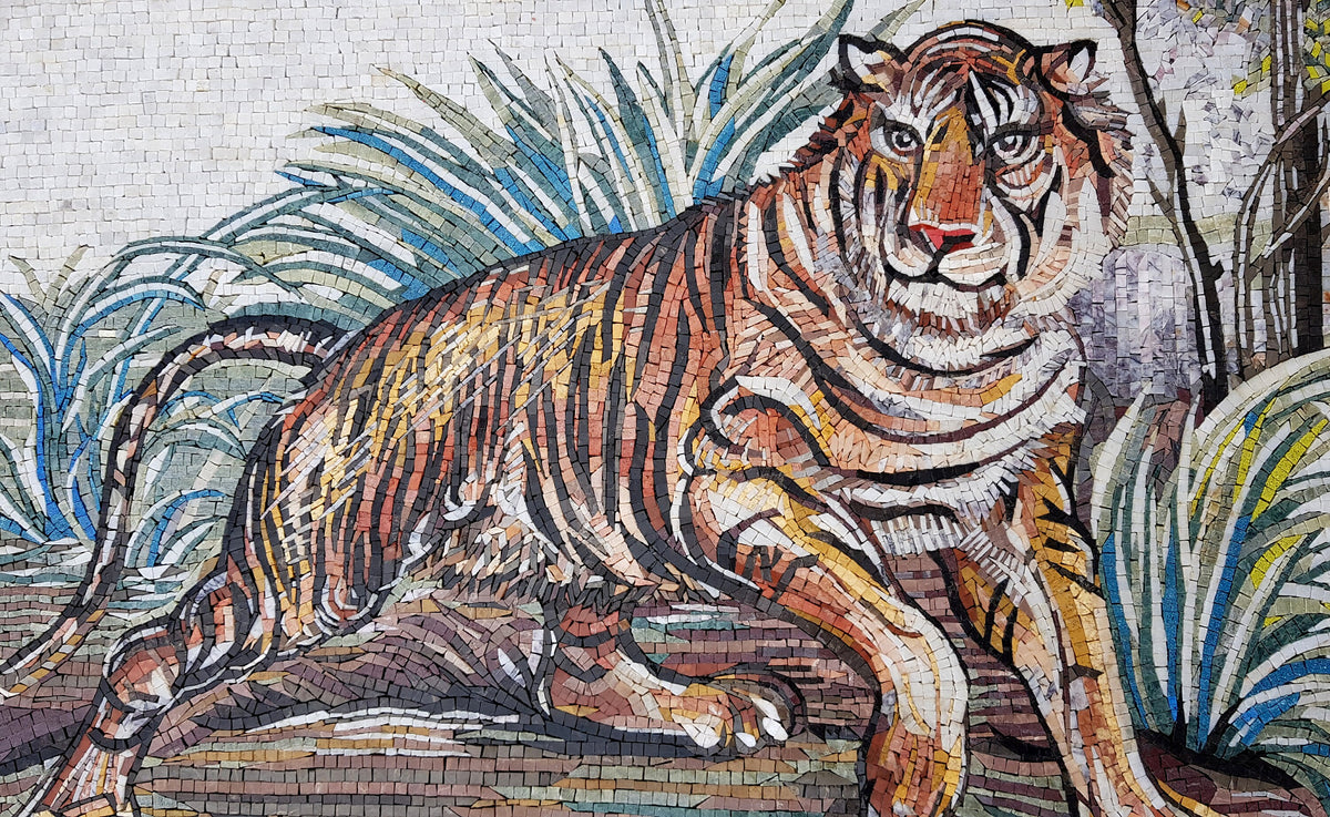 Handmade Tiger Mosaic Tile Art: Jungle Decor (40” x 36”)
