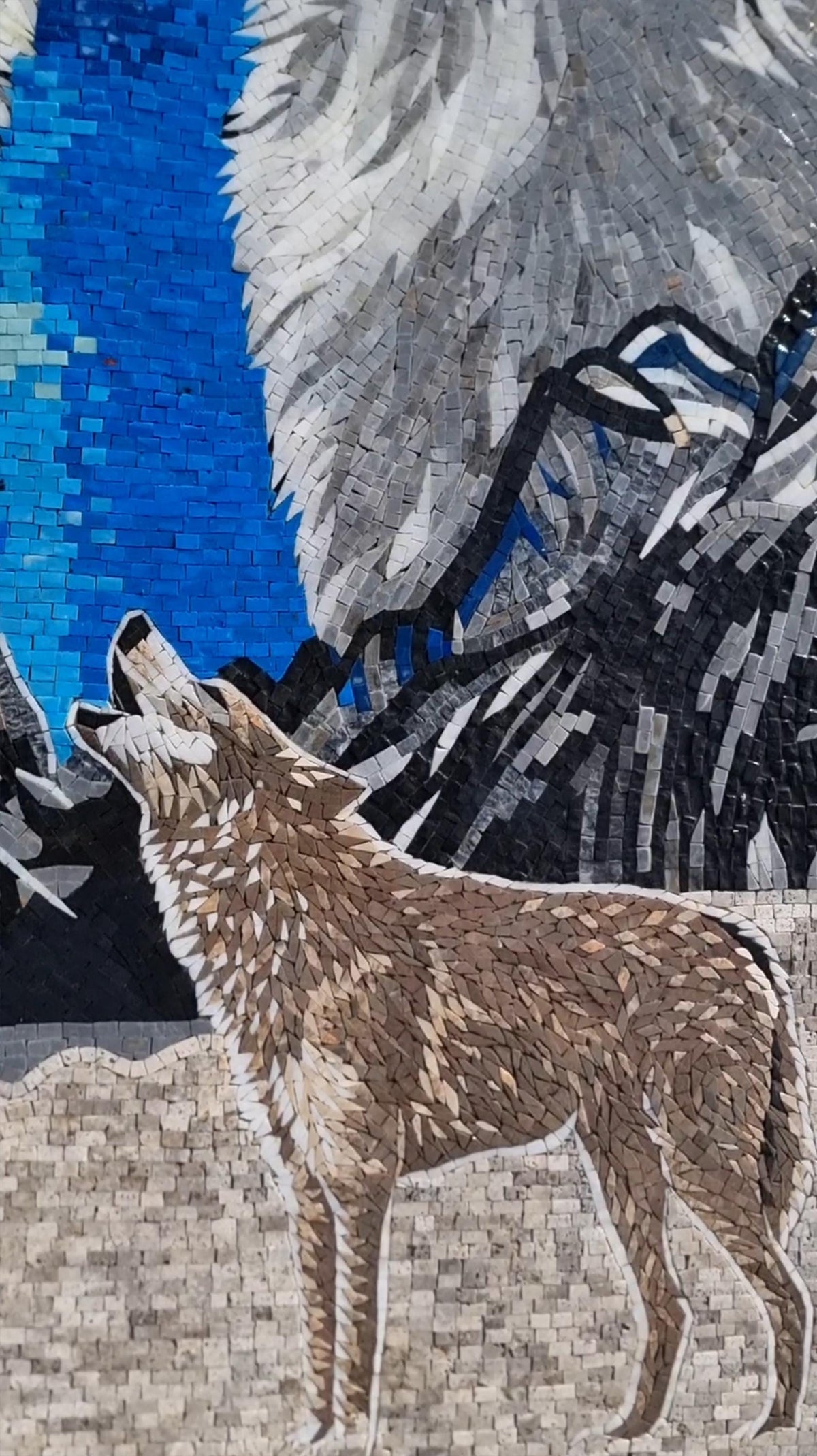 Handmade Marble Tile Mosaic: Wolf and Moon Night Sky Art (60x40)