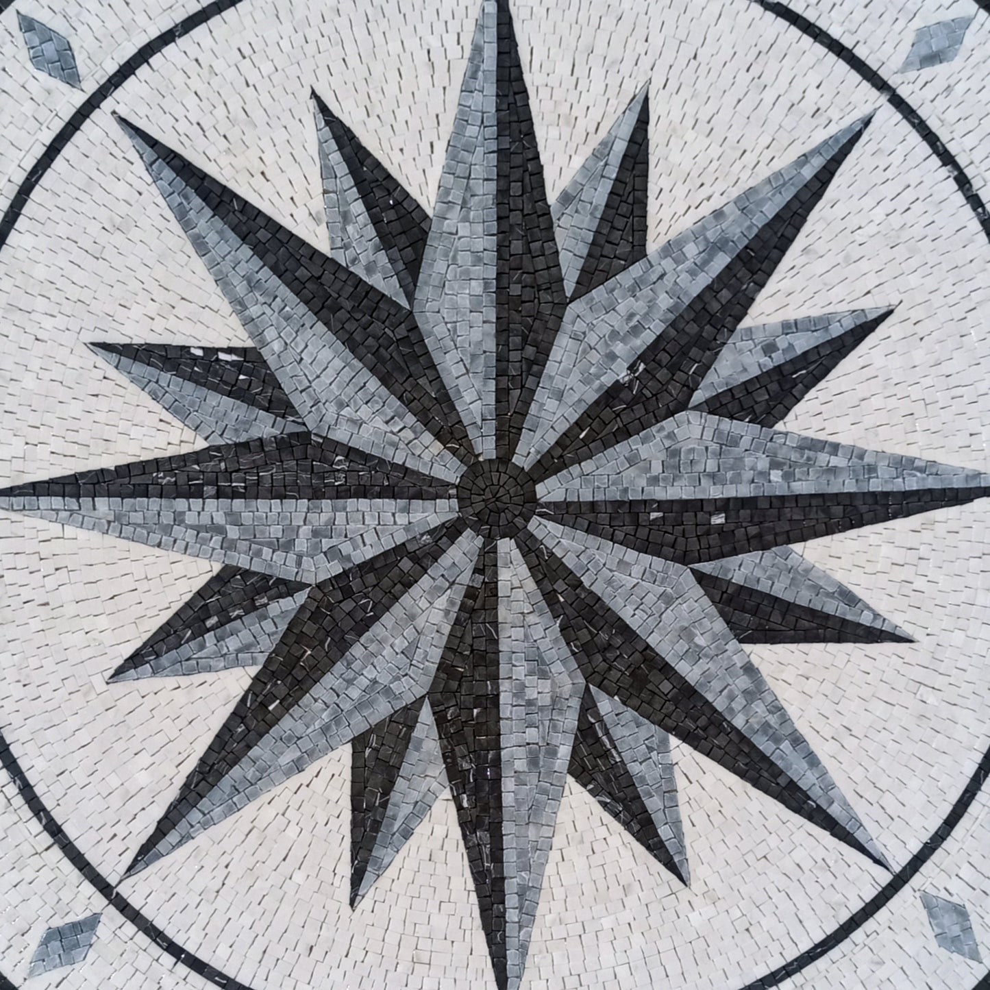 Nautical Compass Mosaic Tile: Handmade Wind Rose Medallion (32" Diameter)