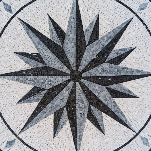 Nautical Compass Mosaic Tile: Handmade Wind Rose Medallion (32" Diameter)