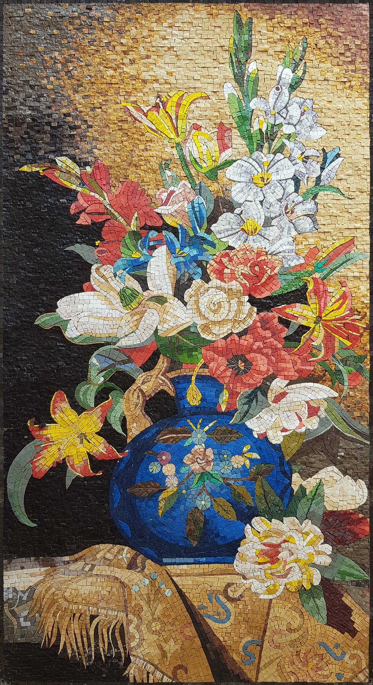Flower Bouquet Mosaic Art: Roses in Blue Vase, Marble Interior Decor