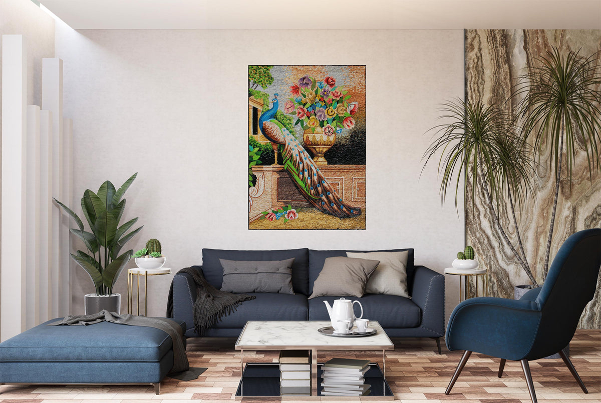 Handmade Peacock Mosaic Mural: Stone & Marble Artwork (52” x 40")