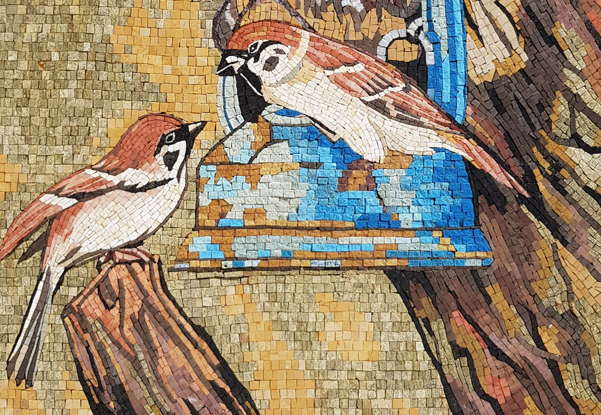 Handmade Nightingale Mosaic Tile Art: Bird on Branch, Marble & Stone (28” x 20”)