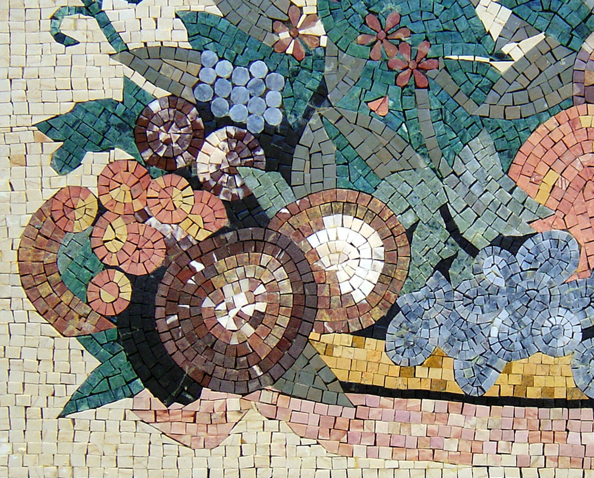 Handmade Fruit Basket Mosaic: Marble Stone Backsplash (30” x 20")
