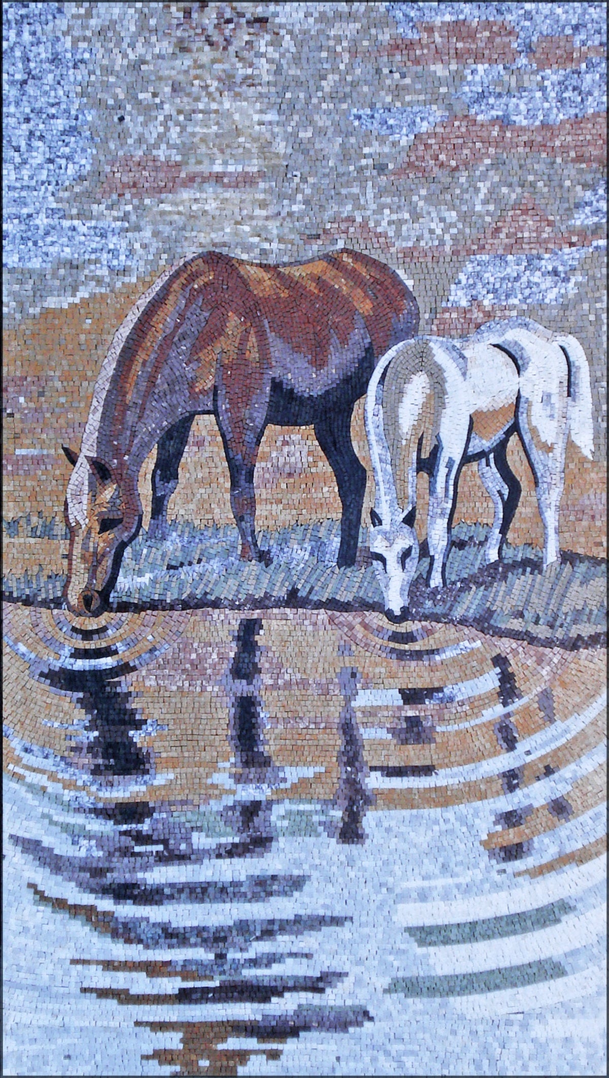 AN009 Horses Drinking Mural Marble Mosaic Art