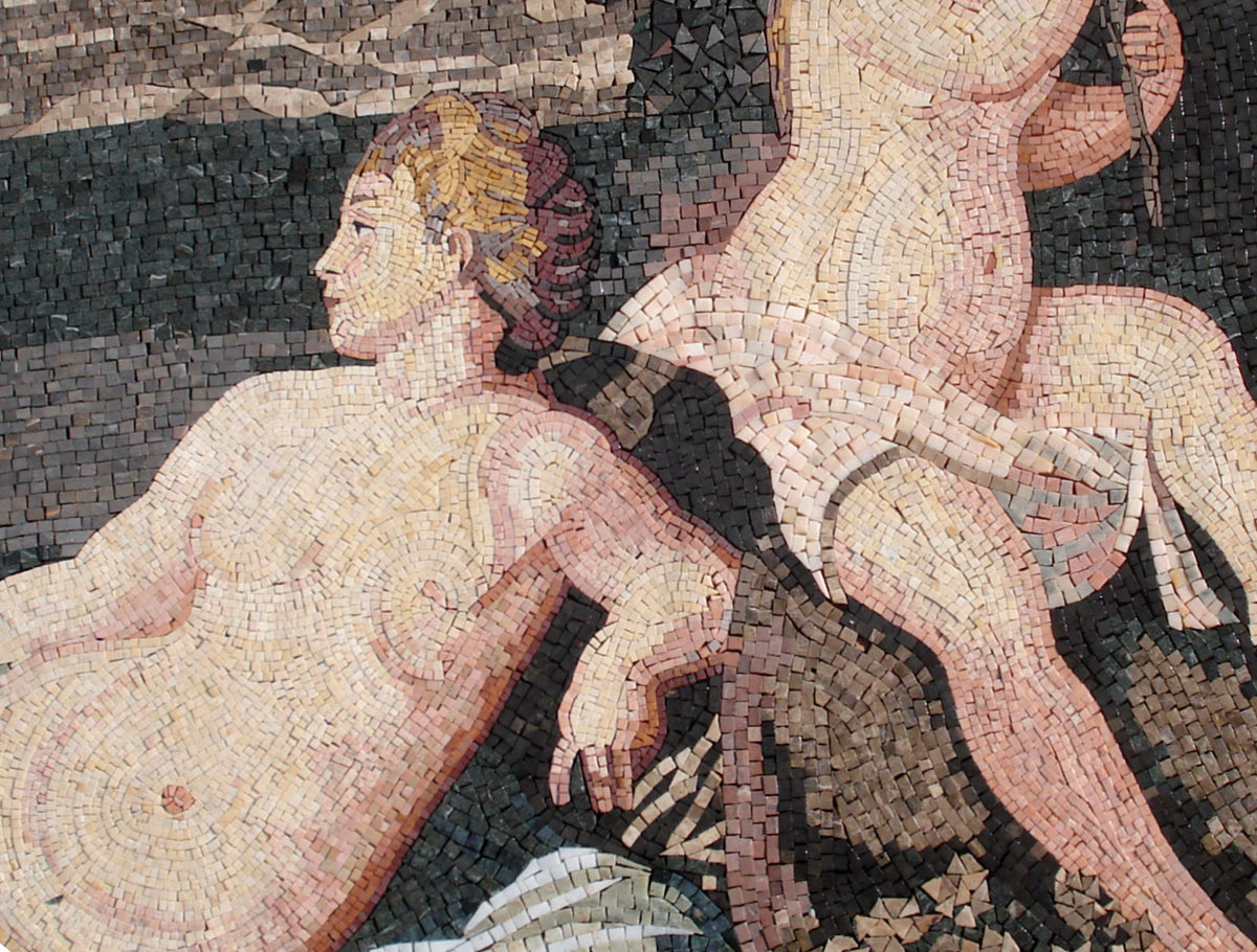 Handmade Marble Mosaic Mural: Two Girls Bathing