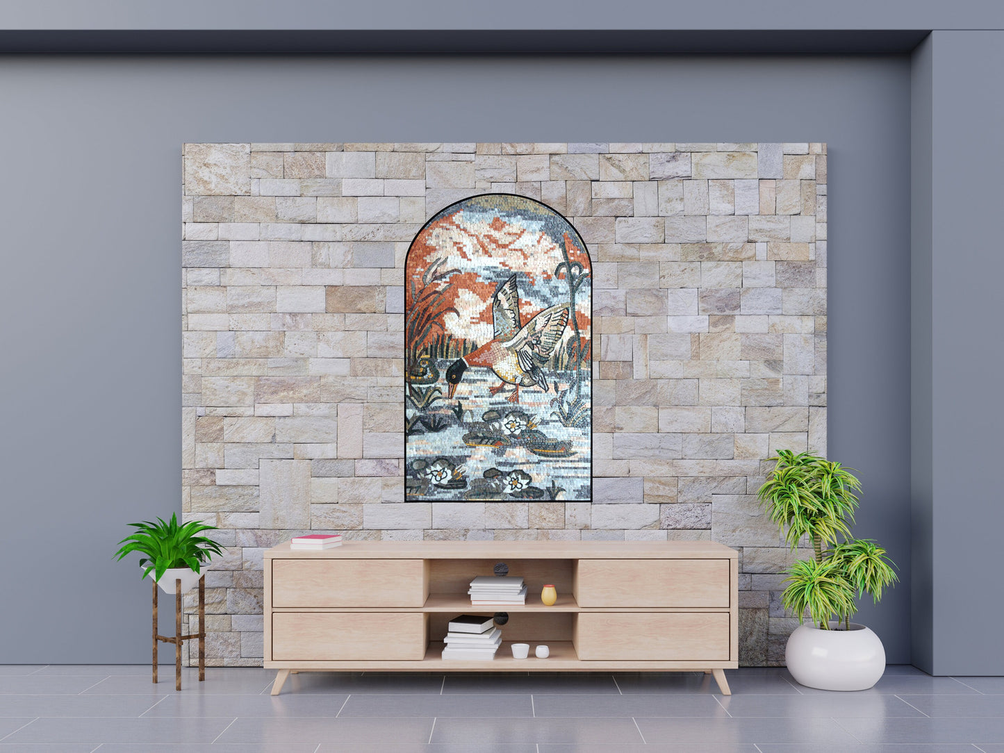Mallard Duck Mosaic Tile Art: Handmade Stone Wall Decor (44" x 28")