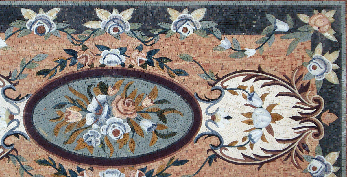 Handmade Marble Stone Mosaic Rug: Floral Medallion, 92"x48"