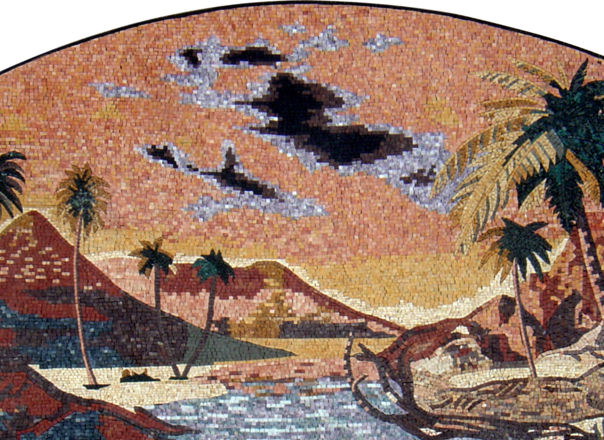 Handmade Palm Tree Mosaic Tile Art: Desert Lake Landscape