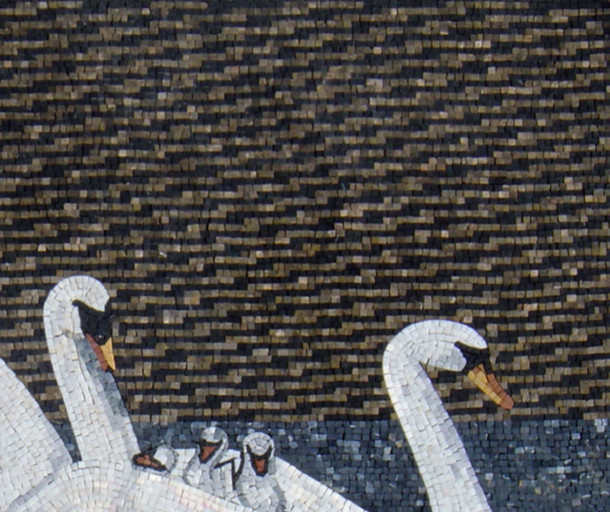 Handmade Swans Mosaic Tile Art: Family Swimming on Pond