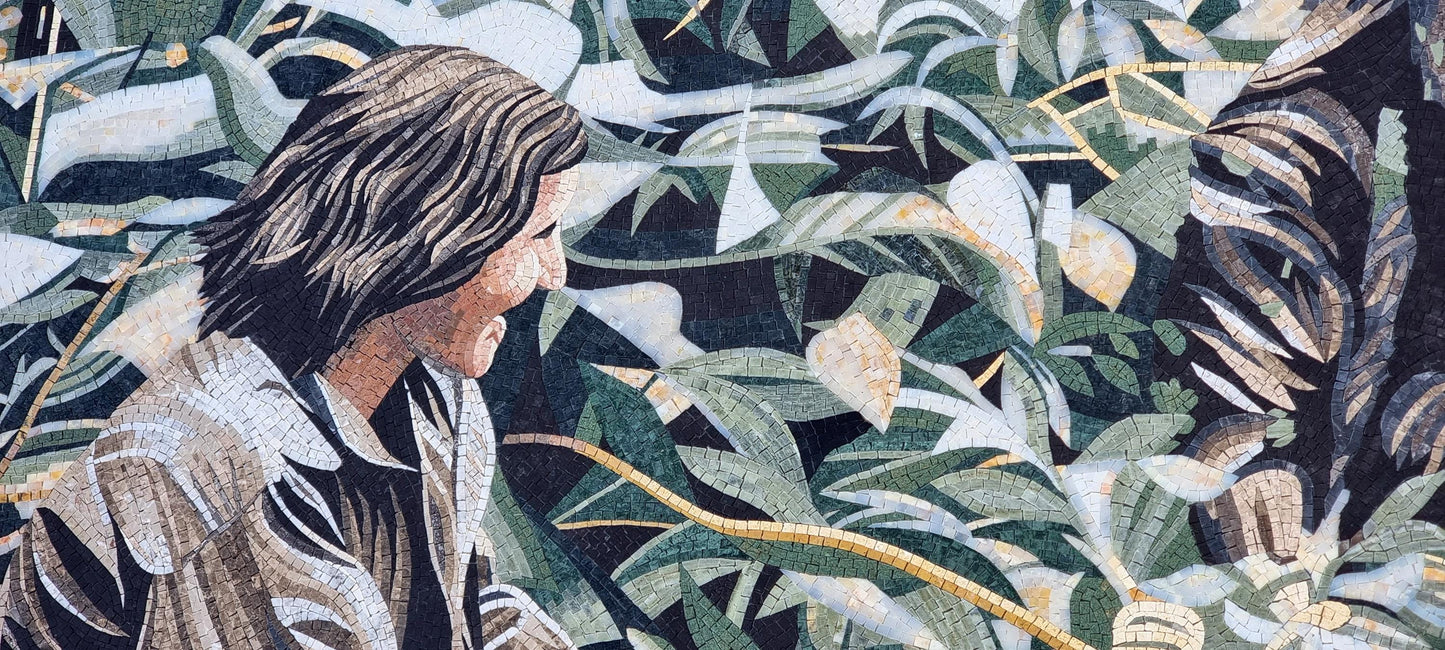 120"x50" Women and Monkey in Grass Mosaic Wall Art – Nature-Inspired Scene, Exotic Home Decor, Customization available