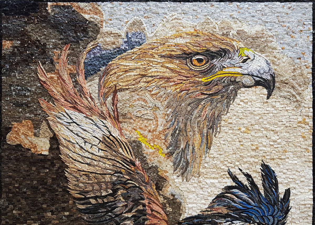 Eagle Mosaic Tile Art: Natural Stone Bird Wall Decor (44” x 36”)