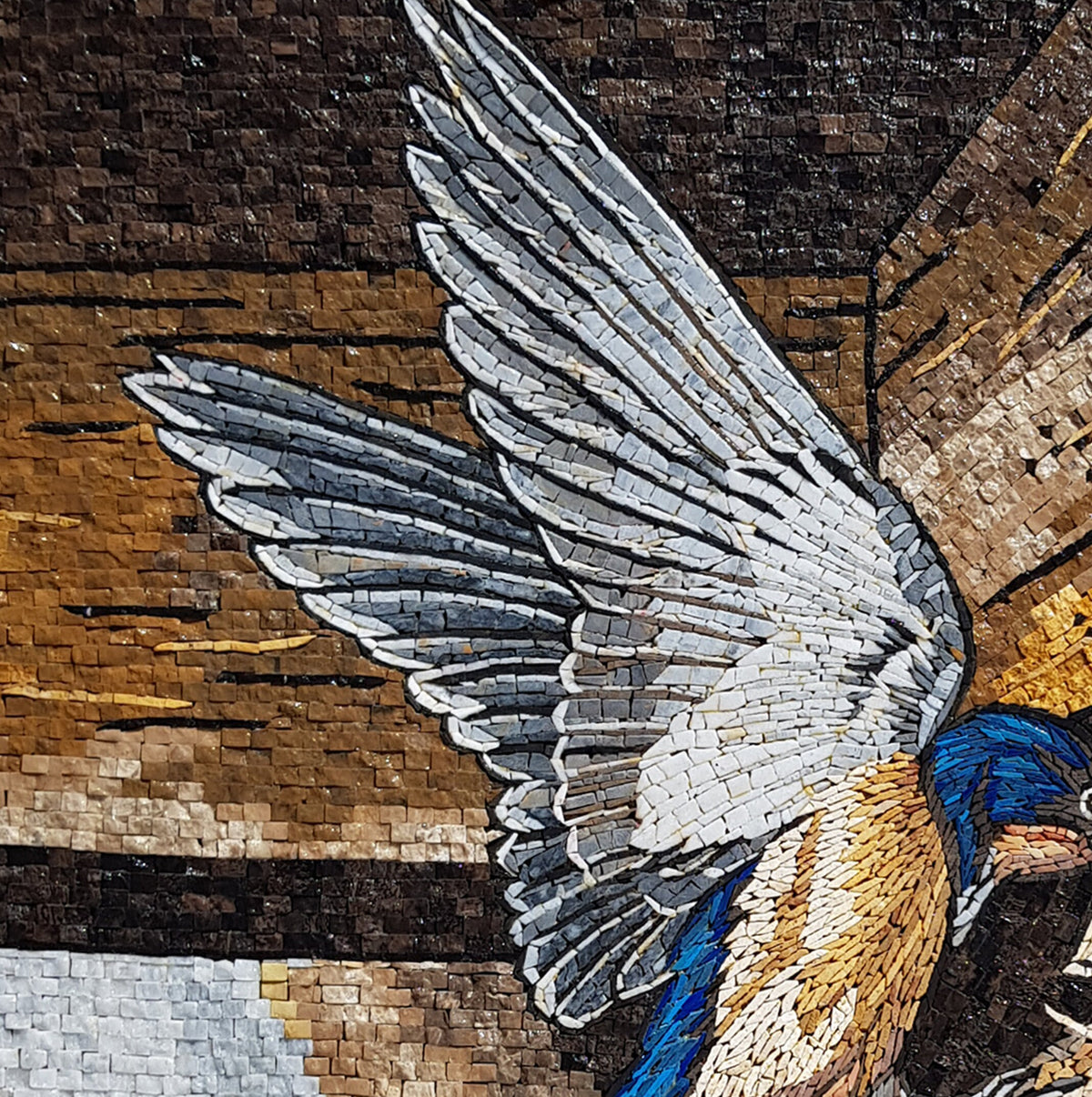 Handmade Bird Mosaic Tile Art: Mother Feeding Chicks, Stone Wall Decor
