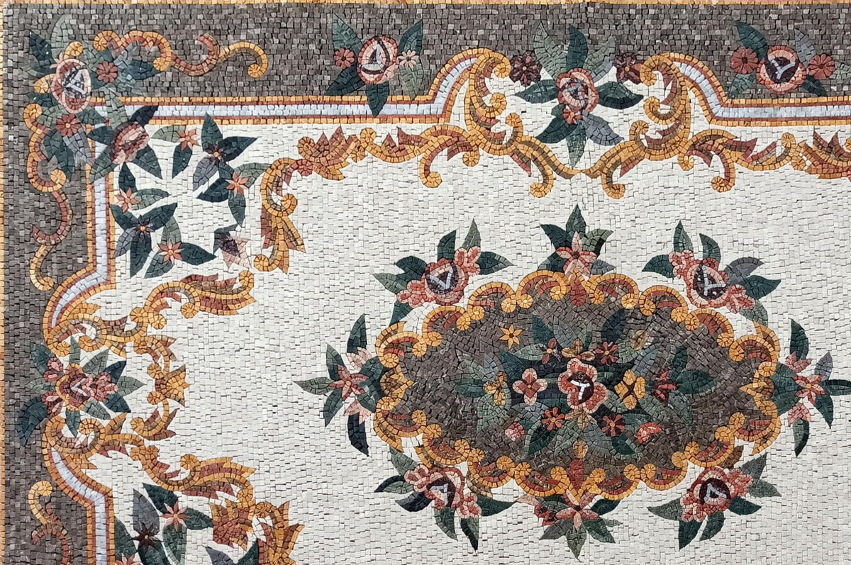 Floral Marble Mosaic Rug: Handmade Stone Art Carpet (90” x 60")