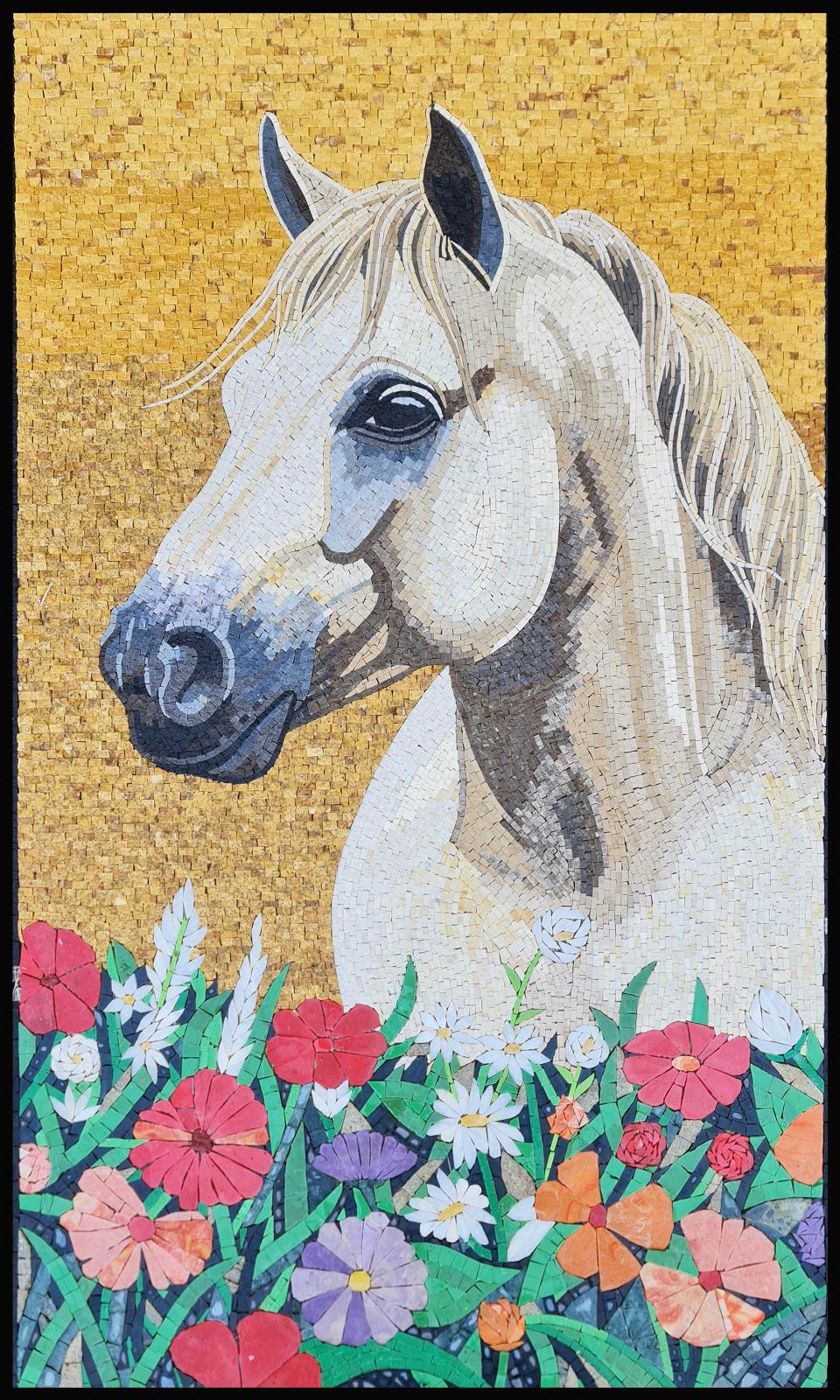 50″×30″ White Horse Mosaic with Brown Accents – Handmade Marble Wall Art, Customization available