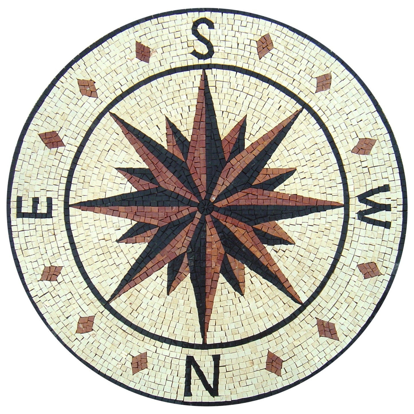 Nautical Compass Mosaic Tile: Handmade Wind Rose Medallion (40" Diameter)