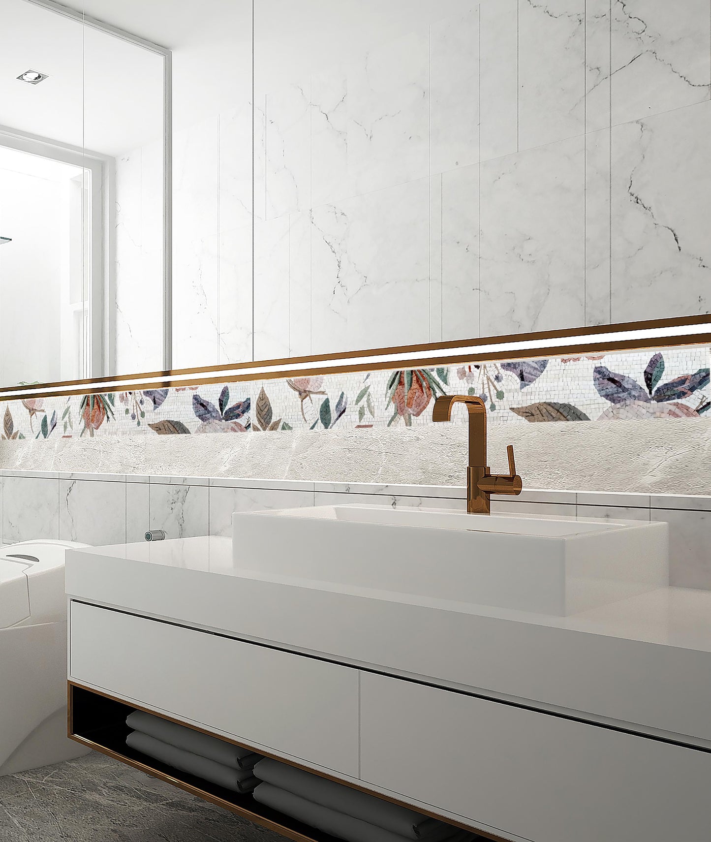 Handmade Watercolor Floral Marble Tile Border: Soft Romantic Wall Accent