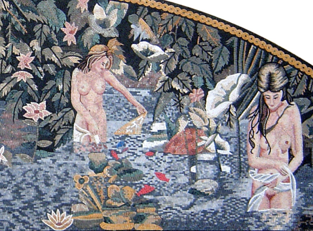Handmade Women Bathing Mosaic Mural: Floral Pond Marble Tile Art