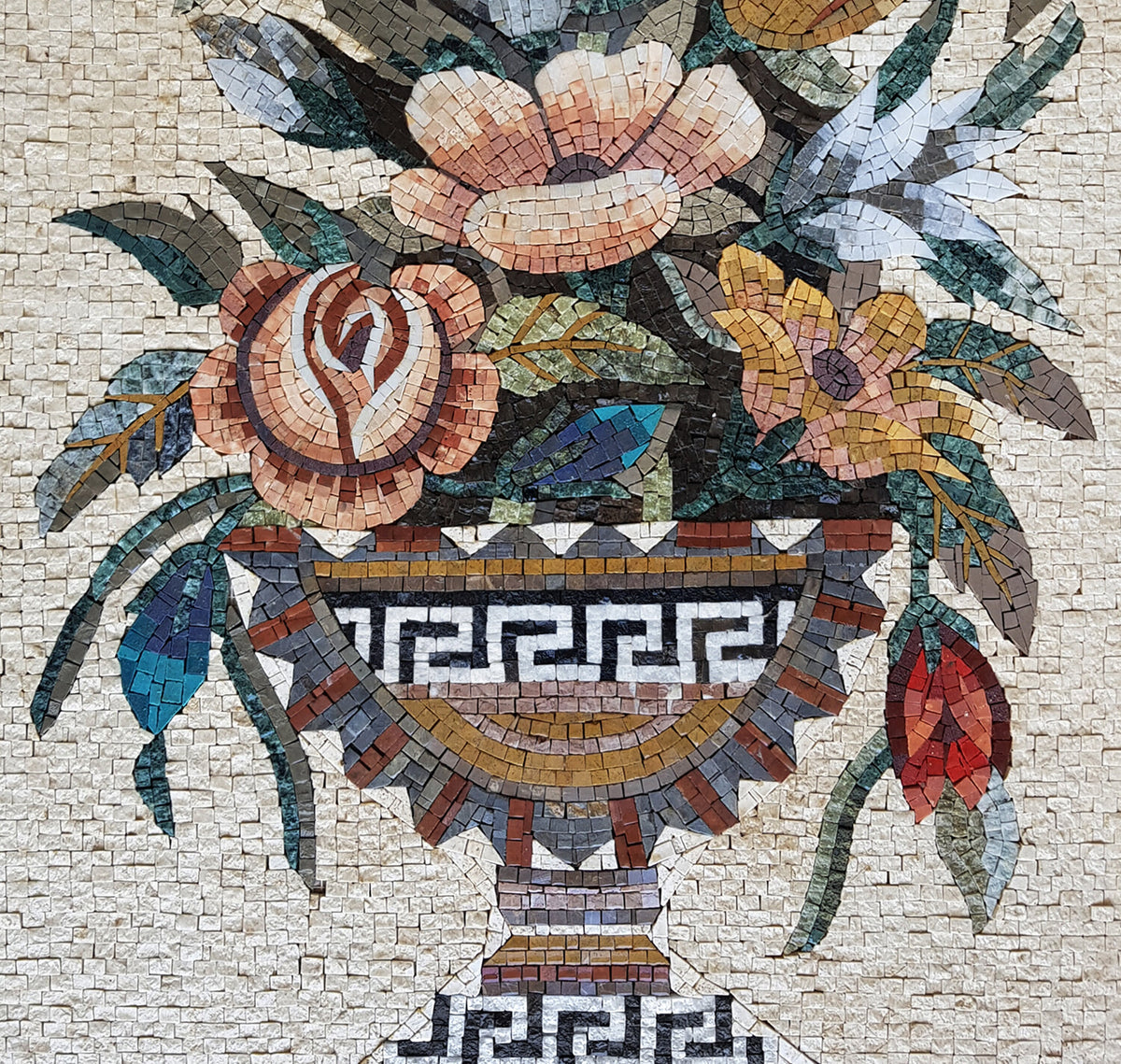 Handmade Marble Mosaic Tile Art: Floral Bouquet in Greek Vase (36” x 24”)