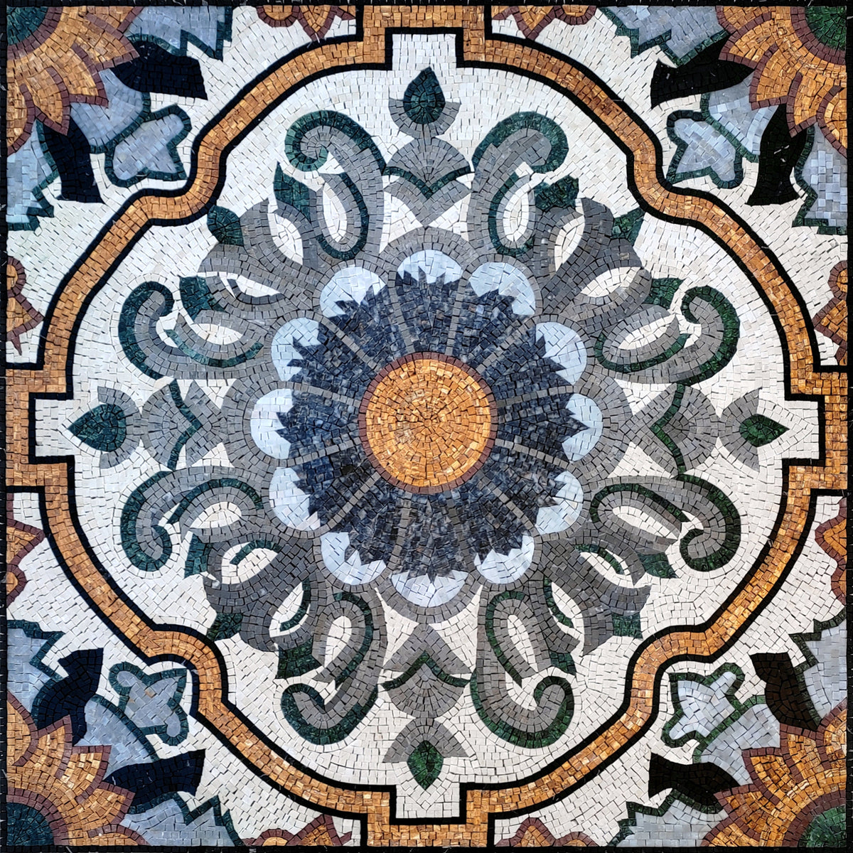 48" Handmade Geometric Marble Mosaic Tile: Indoor/Outdoor Art