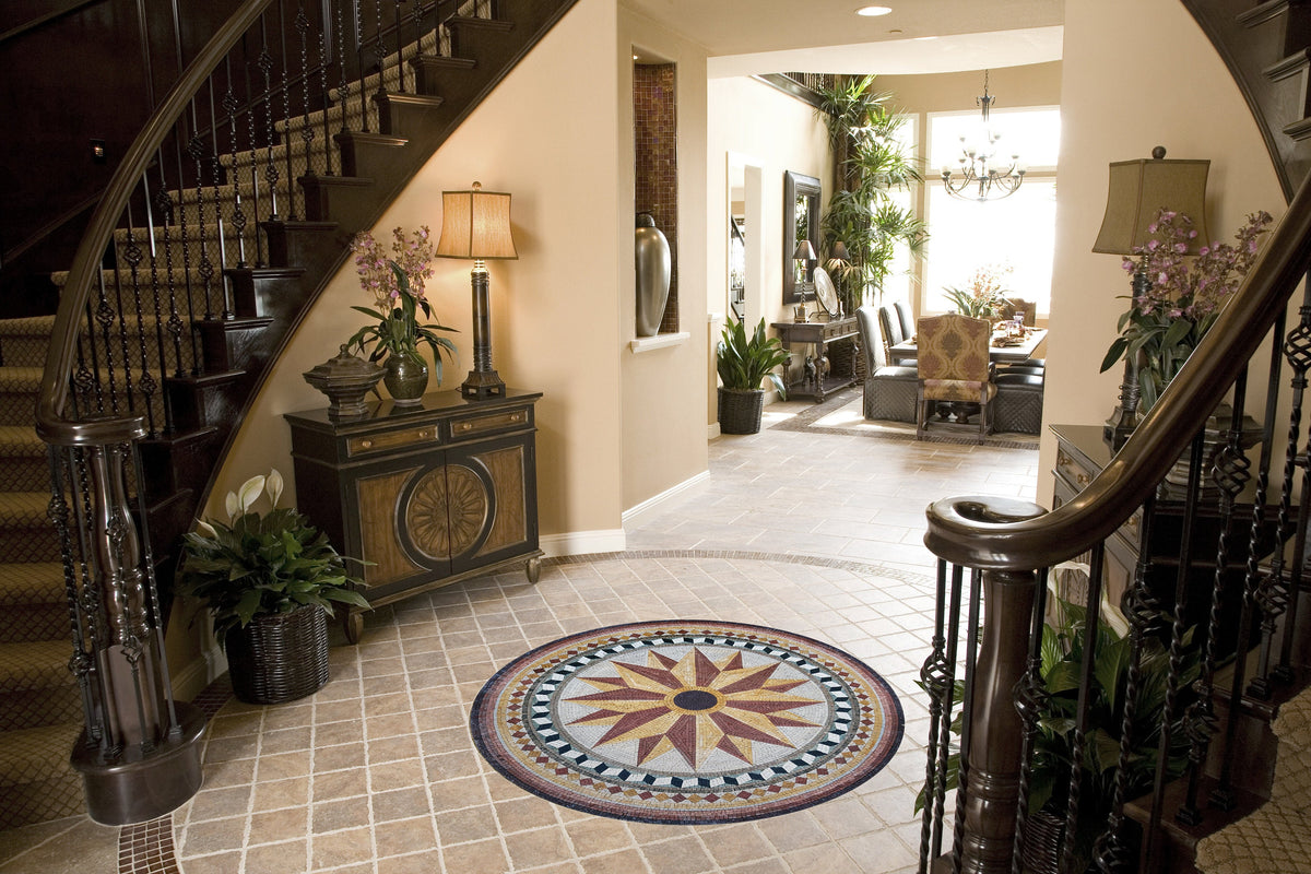 Nautical Compass Rose Mosaic Tile Art: Handmade Marble Medallion (32" Diameter)