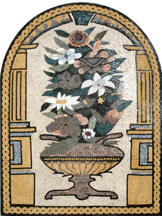 Handmade Marble Mosaic Flower Vase Wall Art: 48" Natural Stone Decor