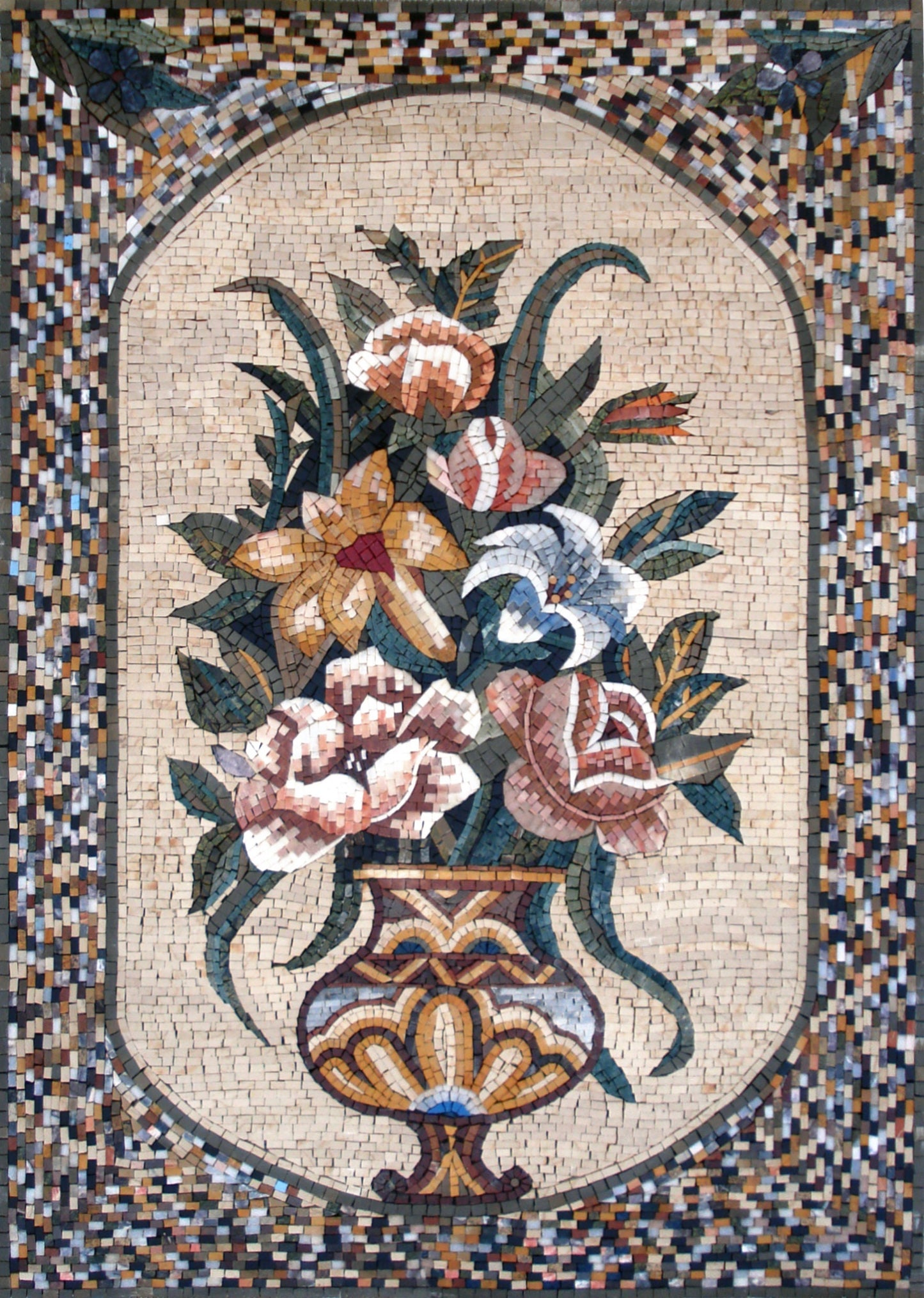 Handmade Marble Mosaic Wall Art: Flower Vase Home Decor (44” x 32")