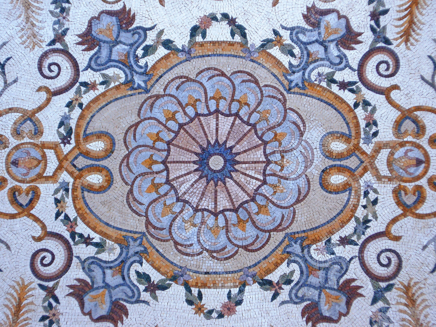 Blue & White Marble Stone Rug: Handmade Mosaic Carpet (250cm x 150cm)