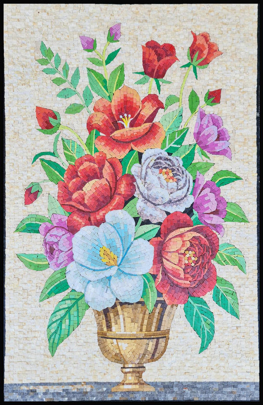 40″×26″ Multicolor Flower Vase Mosaic – Handmade Marble Wall Art, Colorful Botanical Accent, Customization available